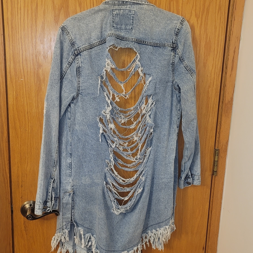 Highway Jeans Light Blue Distressed Long Jean Jacket - Picture 3 of 3